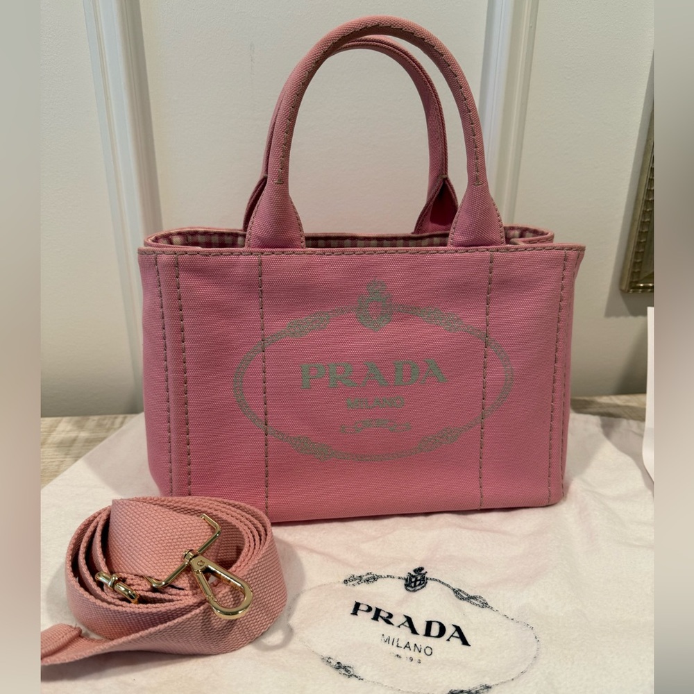 Prada Canapa Limited Edition Pink & Gingham Canvas Tote with Strap, Dustbag, COA